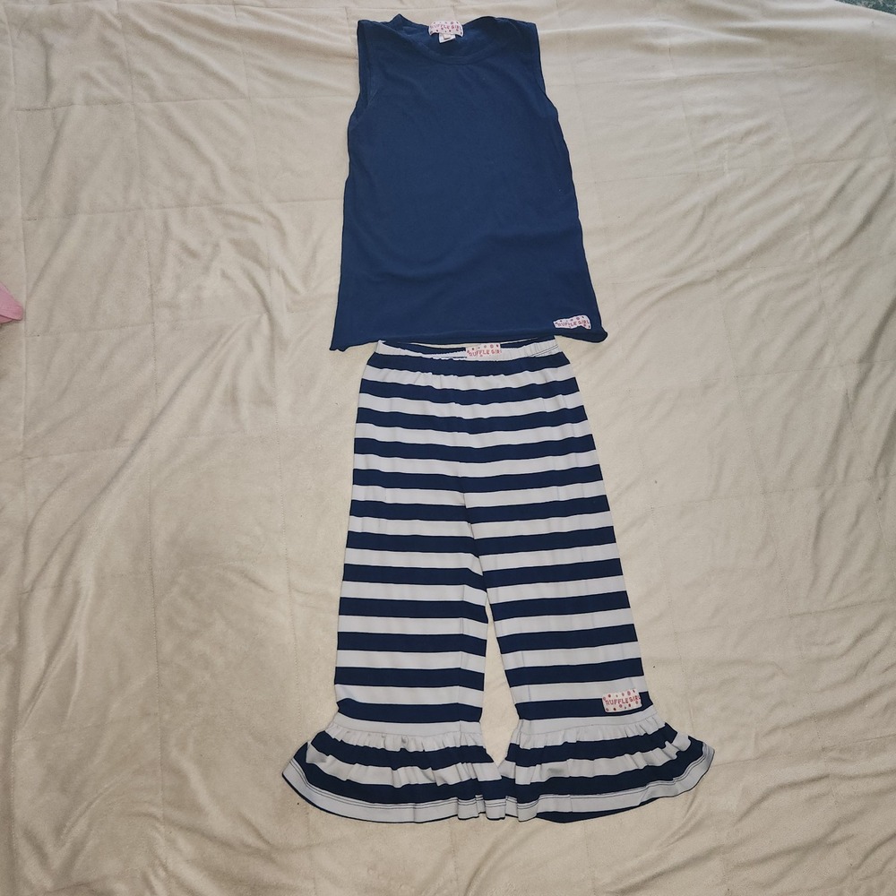 Ruffle Girl blue and white striped ruffle flare legging set Girls 10. Boutique